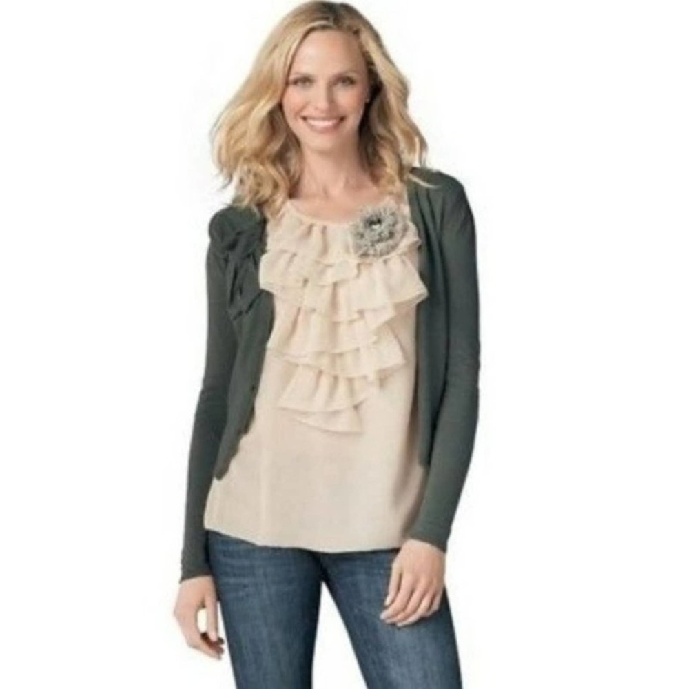 CAbi Posh Loden Button Up Raise Bow Applique Button Up Cardigan Sweater Size S